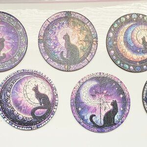 Cat Moon Wood Cork Coasters Set of 8, Celestial, Boho, Gothic, Drinkware, Home